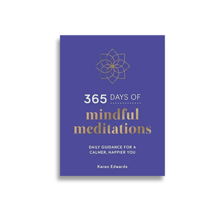 A book cover for '365 Days of Mindful Meditations' by Karen Edwards, featuring a solid purple background with gold and white text and a gold lotus symbol, shown on a white background with a soft drop shadow.