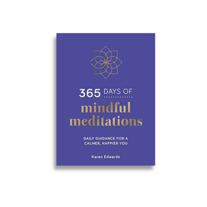A book cover for '365 Days of Mindful Meditations' by Karen Edwards, featuring a solid purple background with gold and white text and a gold lotus symbol, shown on a white background with a soft drop shadow.
