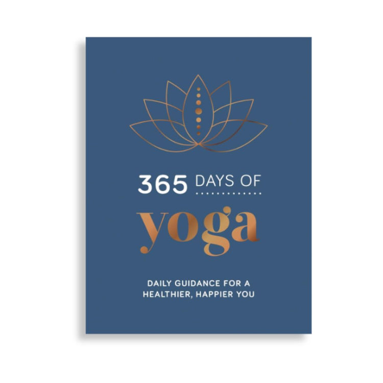 A vertical blue book or card cover with a gold lotus illustration and the text '365 DAYS OF yoga' and 'DAILY GUIDANCE FOR A HEALTHIER, HAPPIER YOU' on a white background.