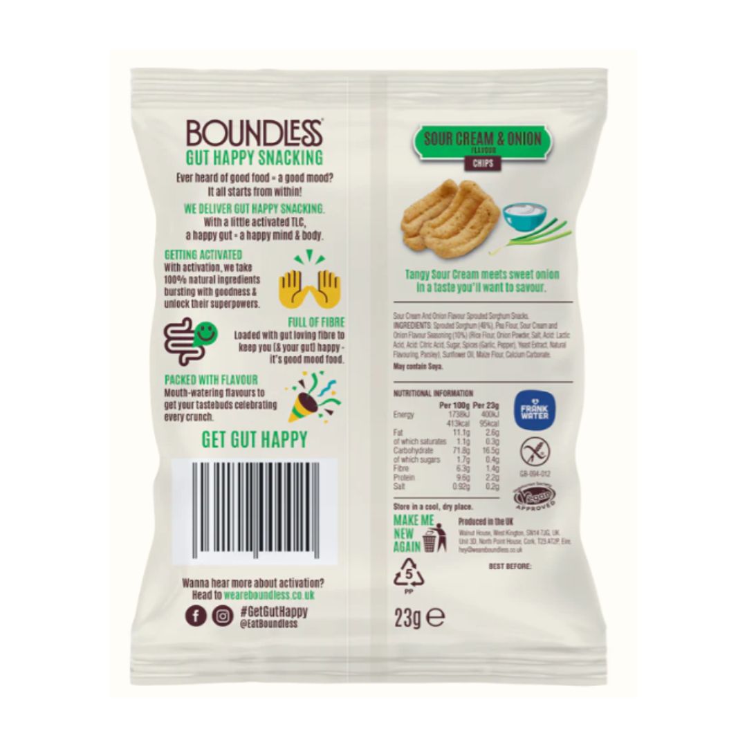 Boundless snack package with ingredients and nutritional information and graphics on a white background