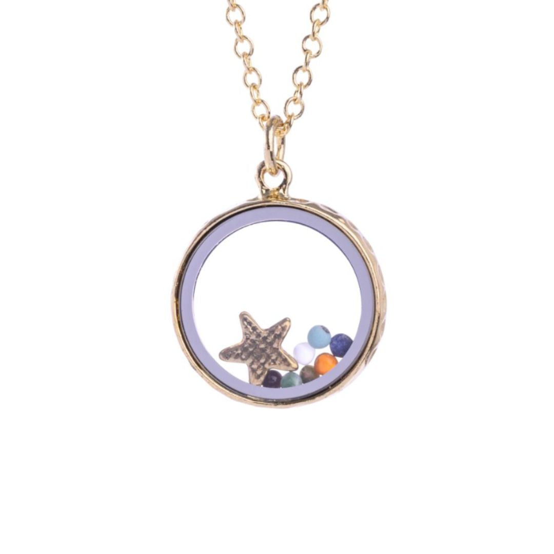 Chakra Necklace gold plated floating beads with star, 18 inch chain