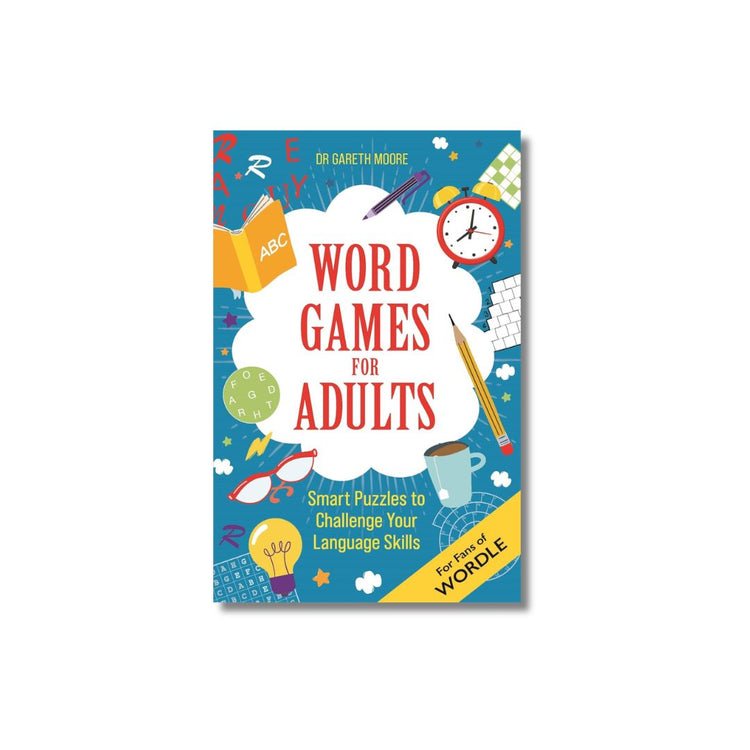 Book cover of 'Word Games for Adults' with educational graphics on a blue background. For Fans of Wordle