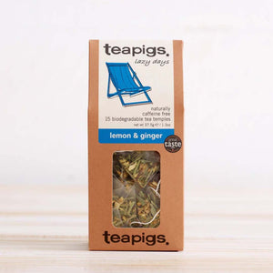 Teapigs lemon & ginger tea package on a white background